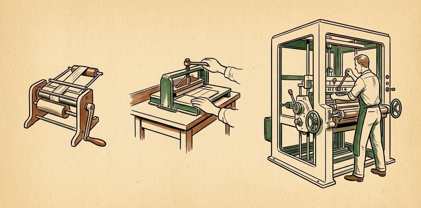 Three apparatuses in a row — a small wrapper tool, a mid-size tool bench with hands, a full machine with a figure inside.