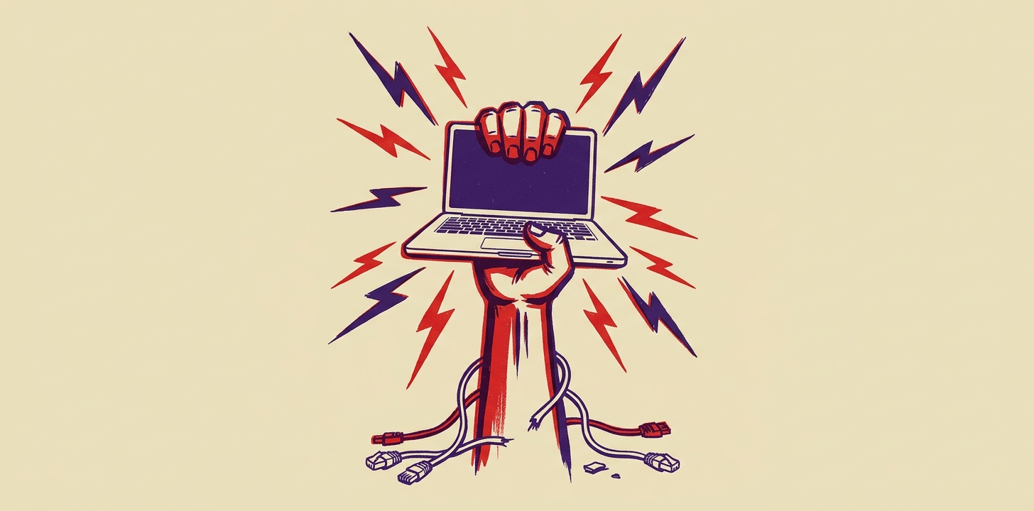 A laptop held aloft like a raised fist with red and violet lightning bolts radiating, severed cables on the ground.