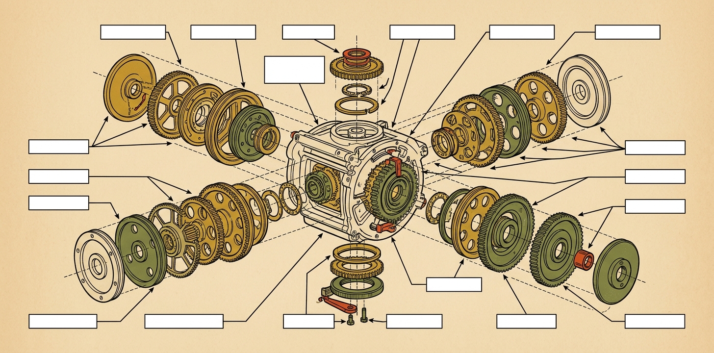 An exploded cutaway diagram of a mechanical processor with gears and rings radiating outward to empty callout boxes.