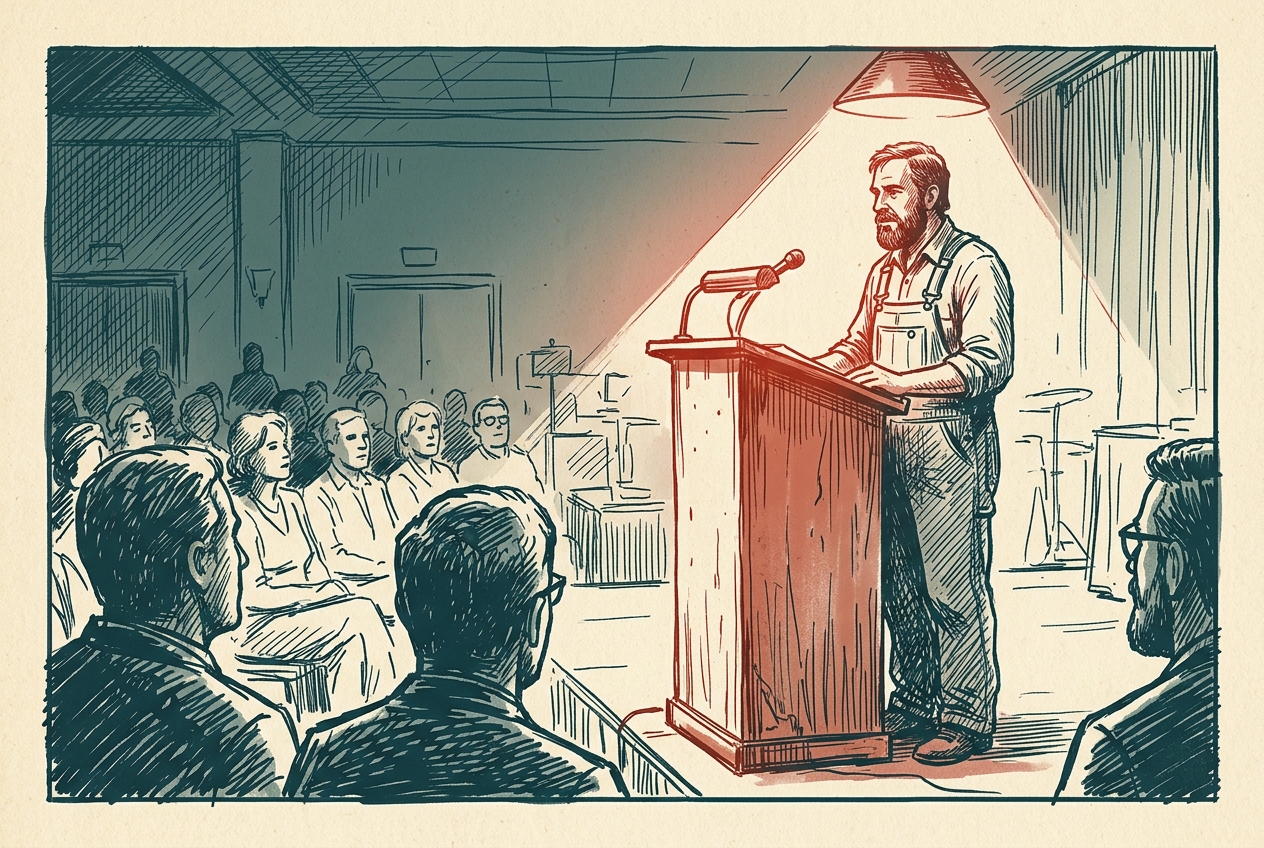 A bearded figure in overalls speaks from a podium to a tech-conference audience.