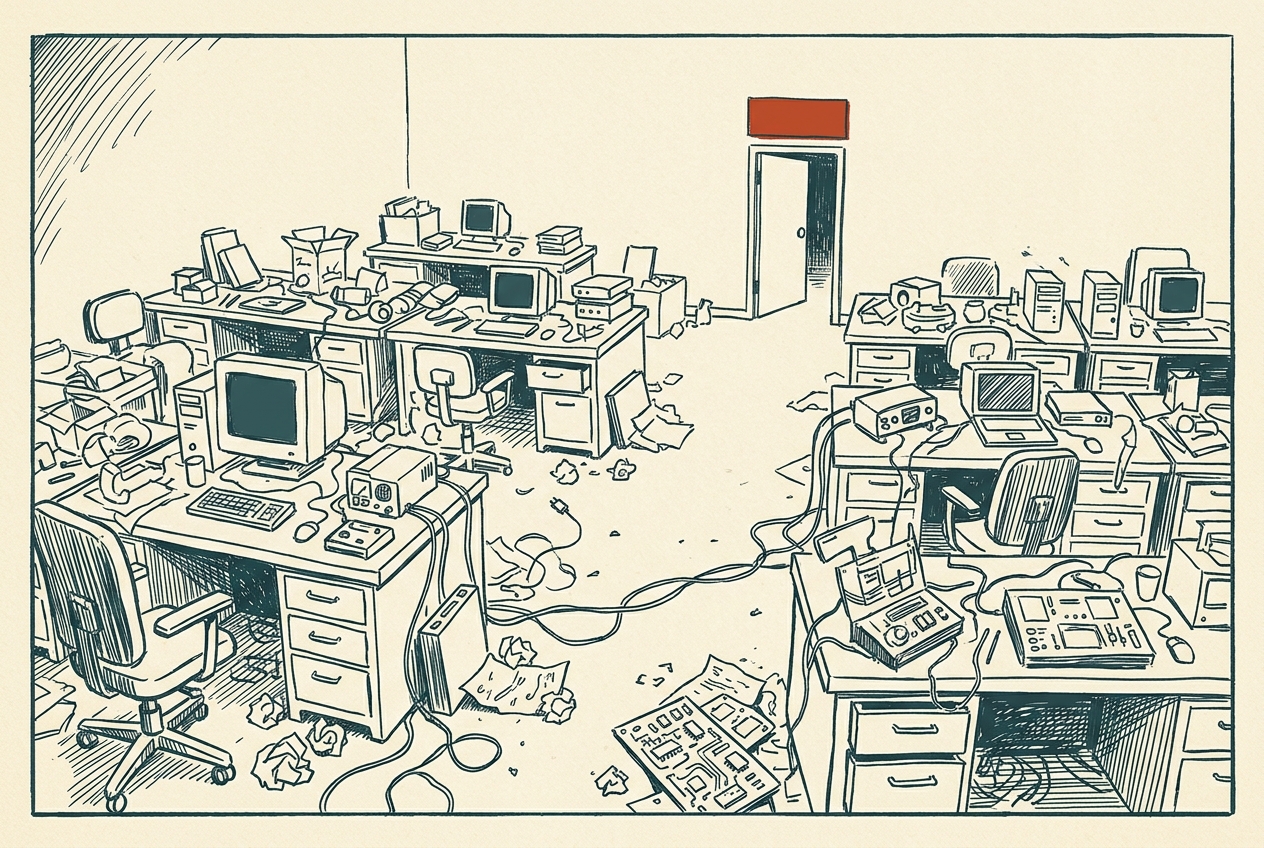 An office cluttered with abandoned prototypes and crumpled paper.