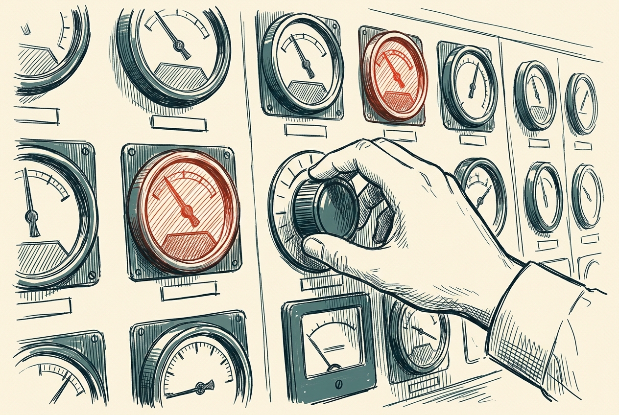 A hand adjusting a dial on a bank of industrial gauges, one glowing red.