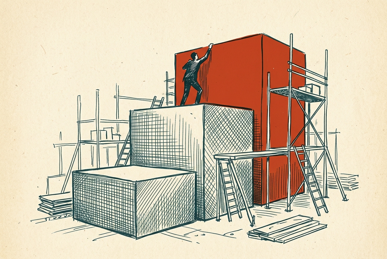 A figure climbs a staircase of ascending industrial blocks, the tallest rendered in solid vermilion.