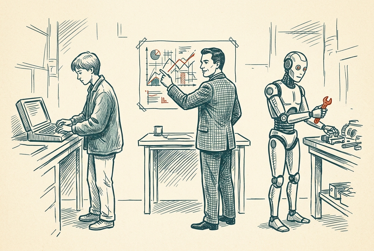A junior engineer, a business executive, and a robot — each at a workbench, each learning.