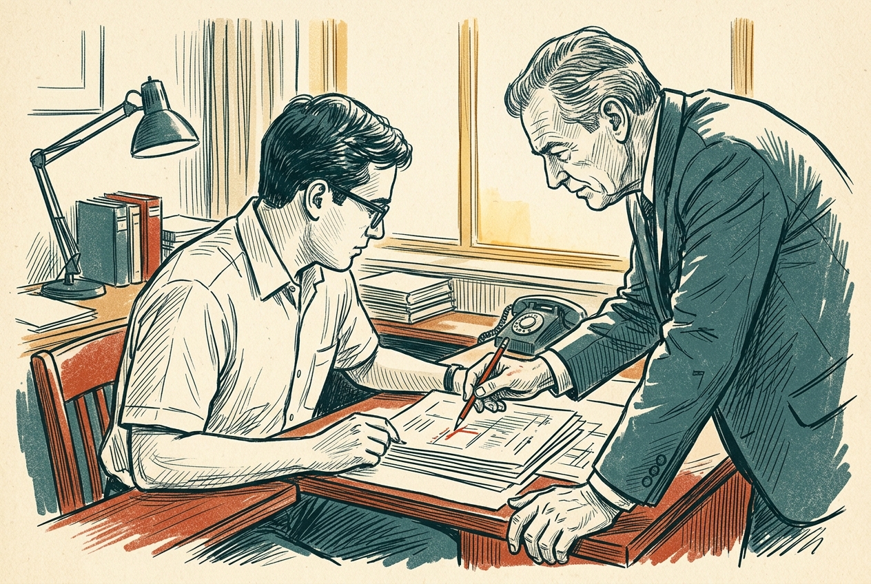 A senior engineer leans over a junior's desk to mark up a written plan with a red pencil.