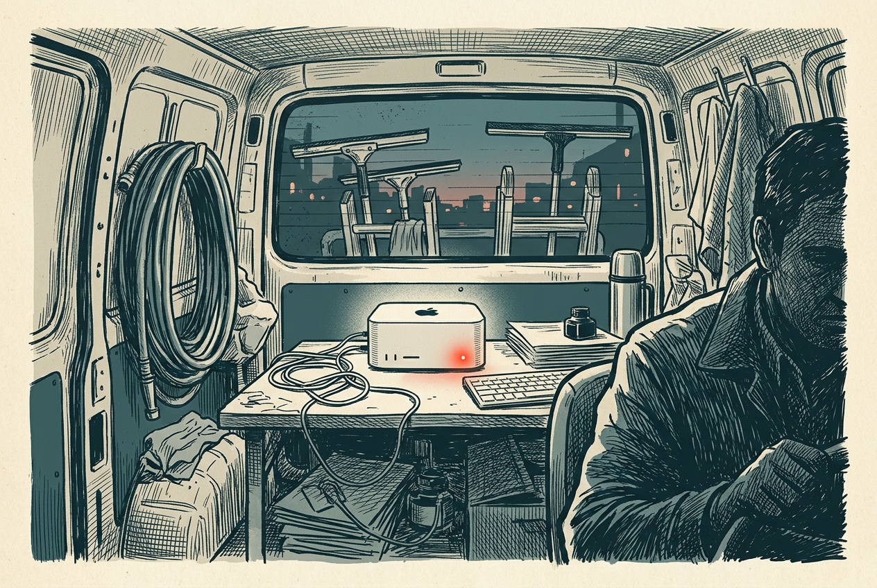 A Mac Mini glowing on a desk inside a window-cleaning van at dusk, squeegees hanging.
