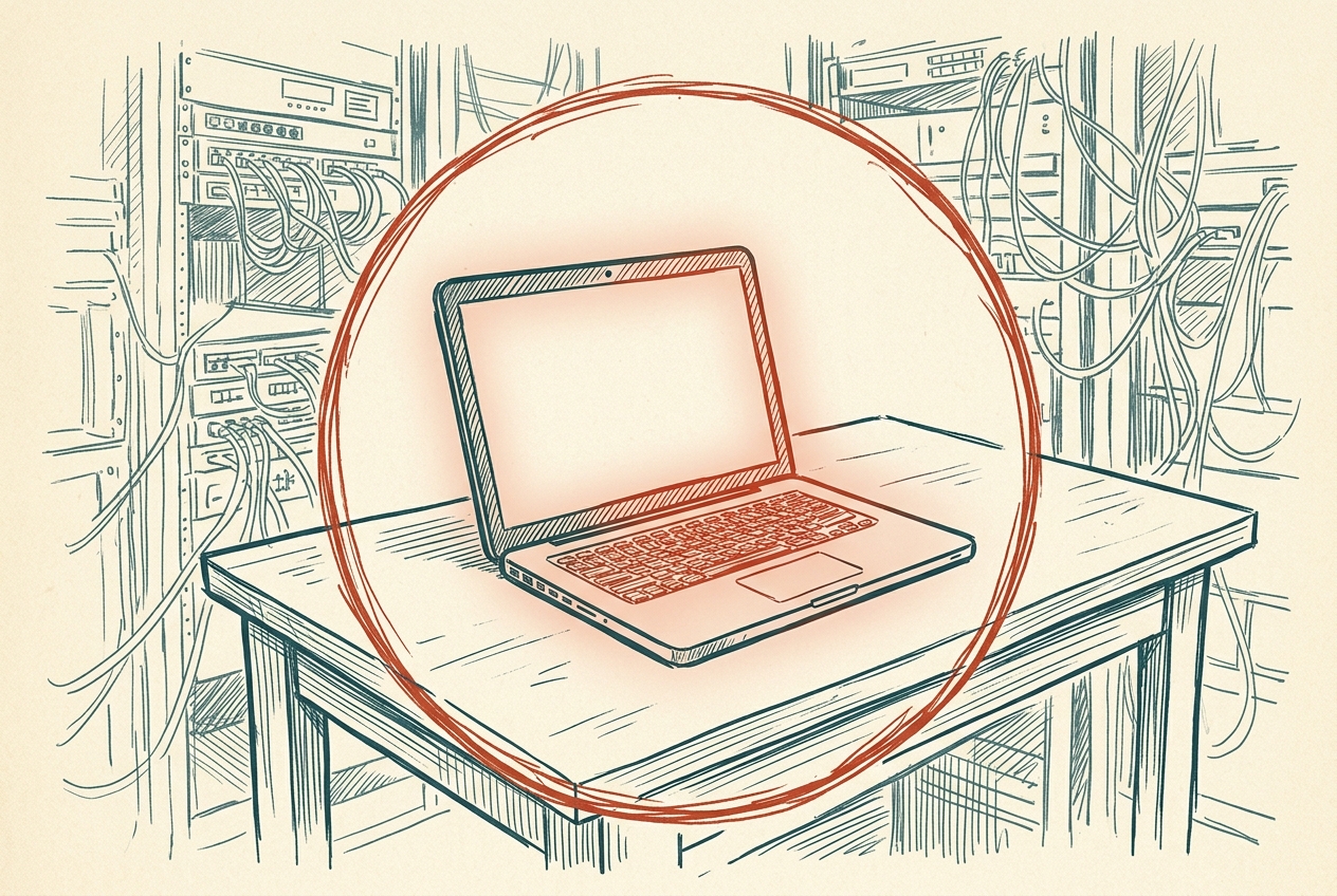A laptop on a desk ringed by a protective vermilion circle, a cluttered server room faint in the background.