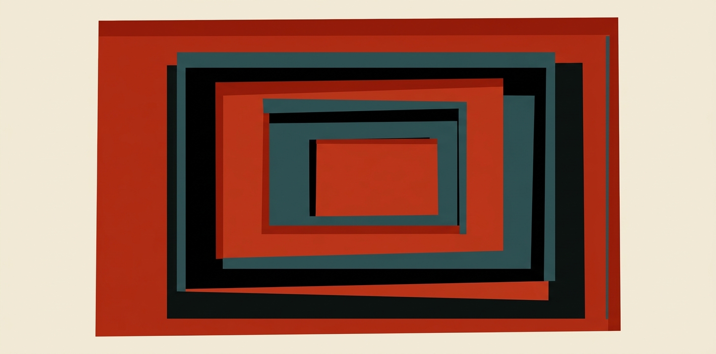 Nested rectangles of vermilion, petrol, and black, stacked in depth like frames within frames.